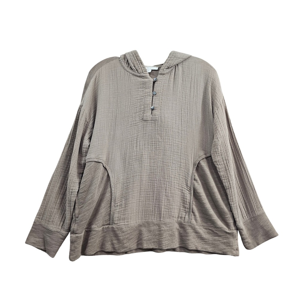 Pure Jill Hoodie Womens S Petite SP Taupe Solid Cotton Gauze Henley KTP314322